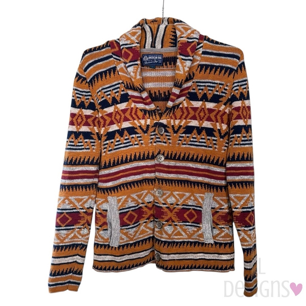 American Rag Cardigan Mens Gold Aztec Southwest Button Up Sweater